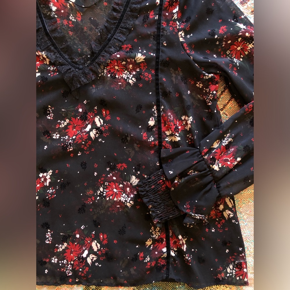 Zara Basic Sheer Dark Floral Velvet Accent V Neck Blouse w/ Ruffle Sleeve - Picture 7 of 14